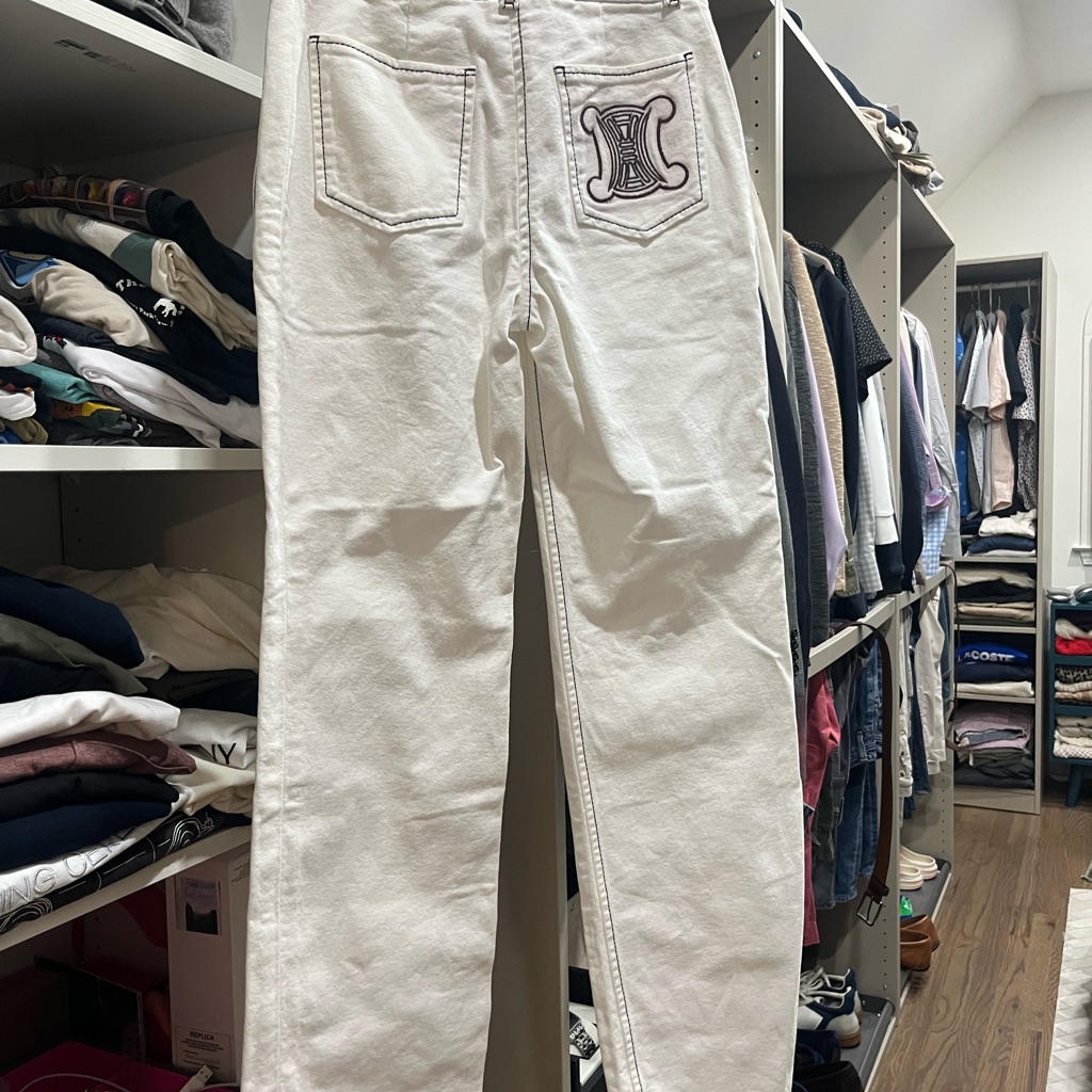 White Jeans With Celine Embroidered Logo